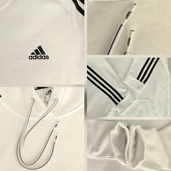 🇩🇪 Adidas Essentials White & Black Long Sleeve 3-Stripes Fleece Hoodie - Picture 12 of 14